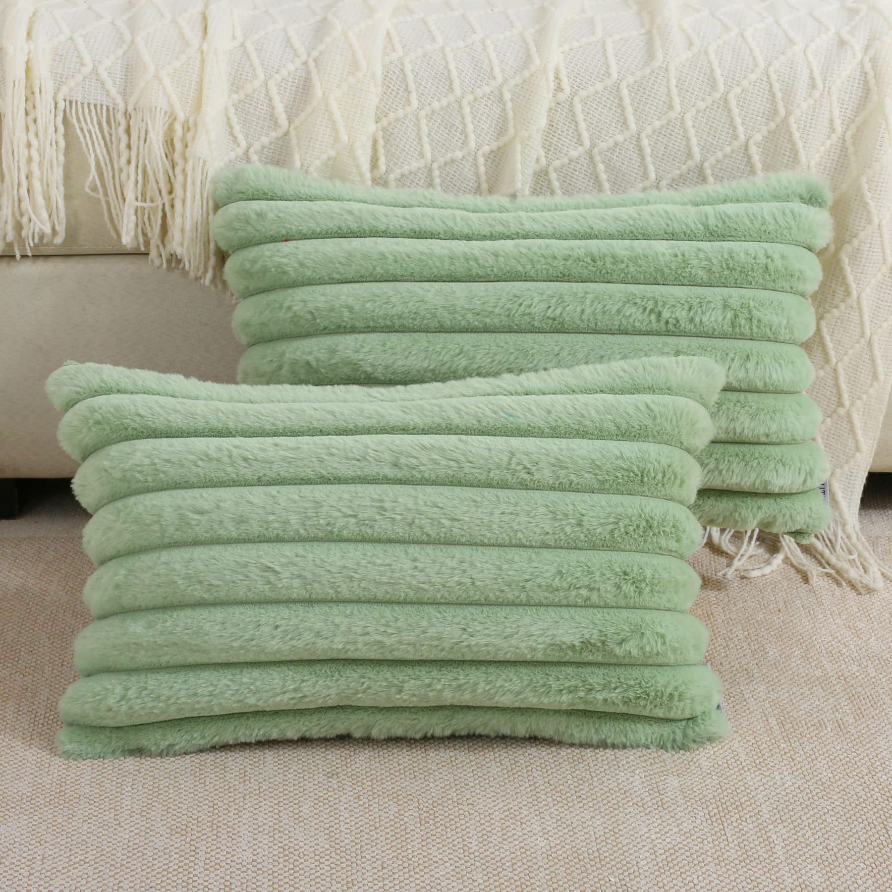 Futei Sage Green Striped Decorative Throw Pillow Covers 12X20 Inch Set Of 2,Rectangle Spring Decorations Couch Lumbar Pillowcase
