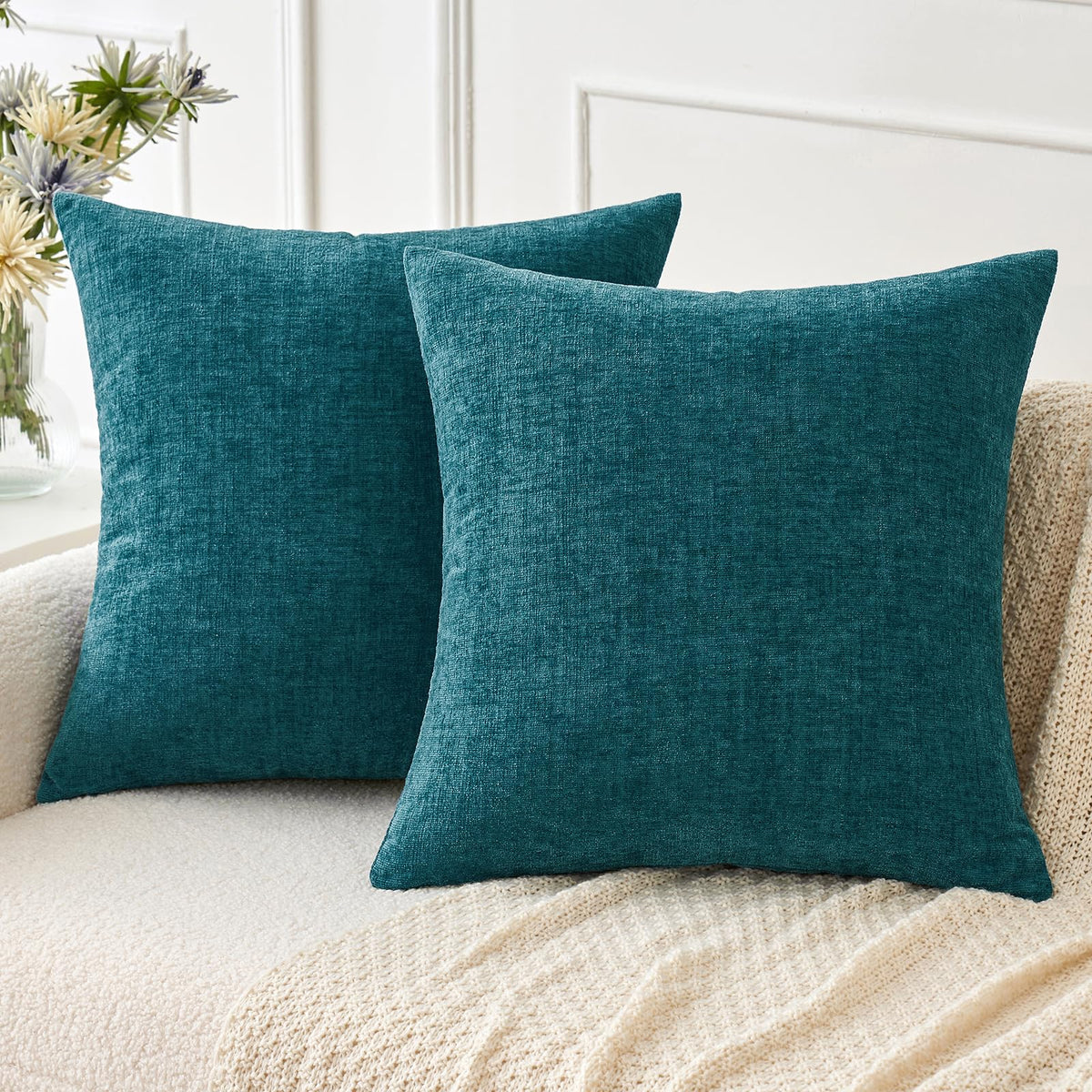 Miulee Pack Of 2 Dark Teal Throw Pillow Covers 20X20 Inch Soft Chenille Pillow Covers For Sofa Living Room Couch Solid Dyed Case