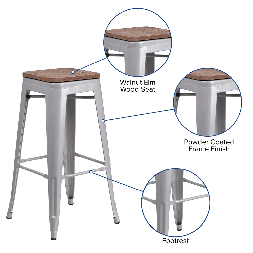 Flash Furniture Lily 30" High Backless Silver Metal Barstool with Square Wood Seat