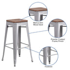 Flash Furniture Lily 30" High Backless Silver Metal Barstool with Square Wood Seat