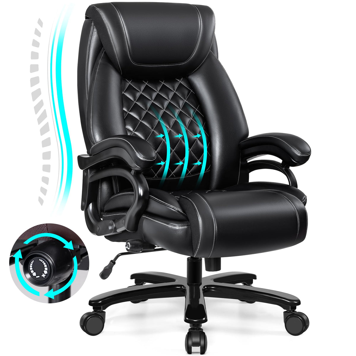 Big And Tall 500Lbs Office Chair,Heavy Duty Large Pu Leather Executive Desk Chair With Wide Seat, Adjustbale Ergonomic Lumbar Su