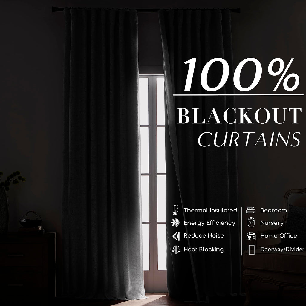 108 Inch White Extra Long Curtains For Bedroom,Hook Tape For Traverse Curtain Rod,100% Blackout Light Dark Out Faux Linen Long C