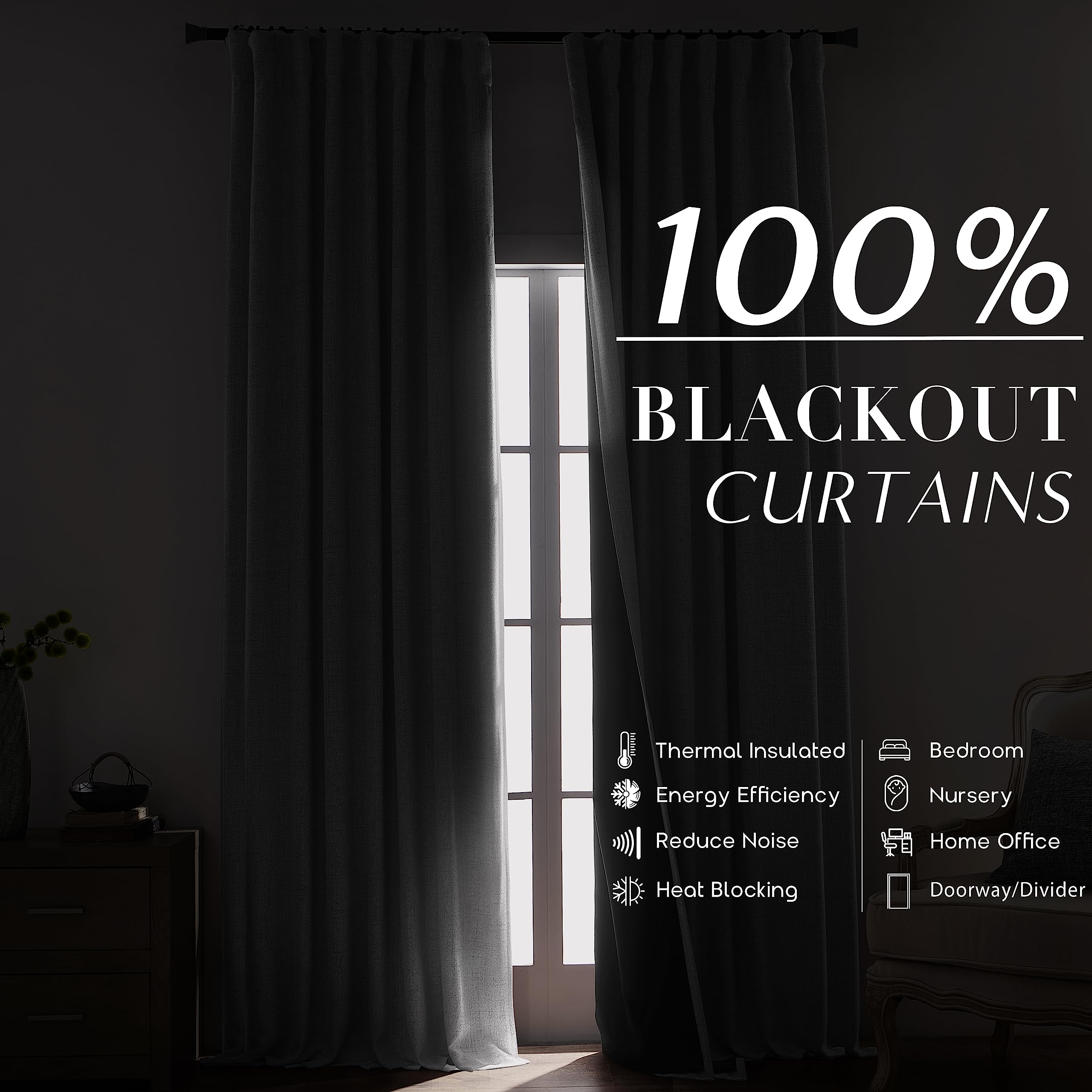 108 Inch White Extra Long Curtains For Bedroom,Hook Tape For Traverse Curtain Rod,100% Blackout Light Dark Out Faux Linen Long C