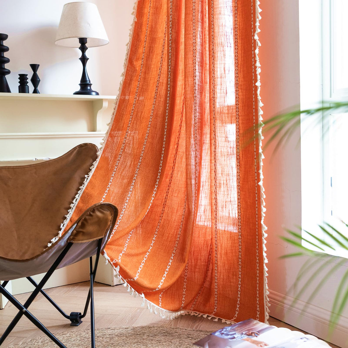 Deeprove Orange Boho Curtains 96 inches Long with Tassel for Bedroom Living Room, Bohemian Embroidery Farmhouse Cotton Linen Fre