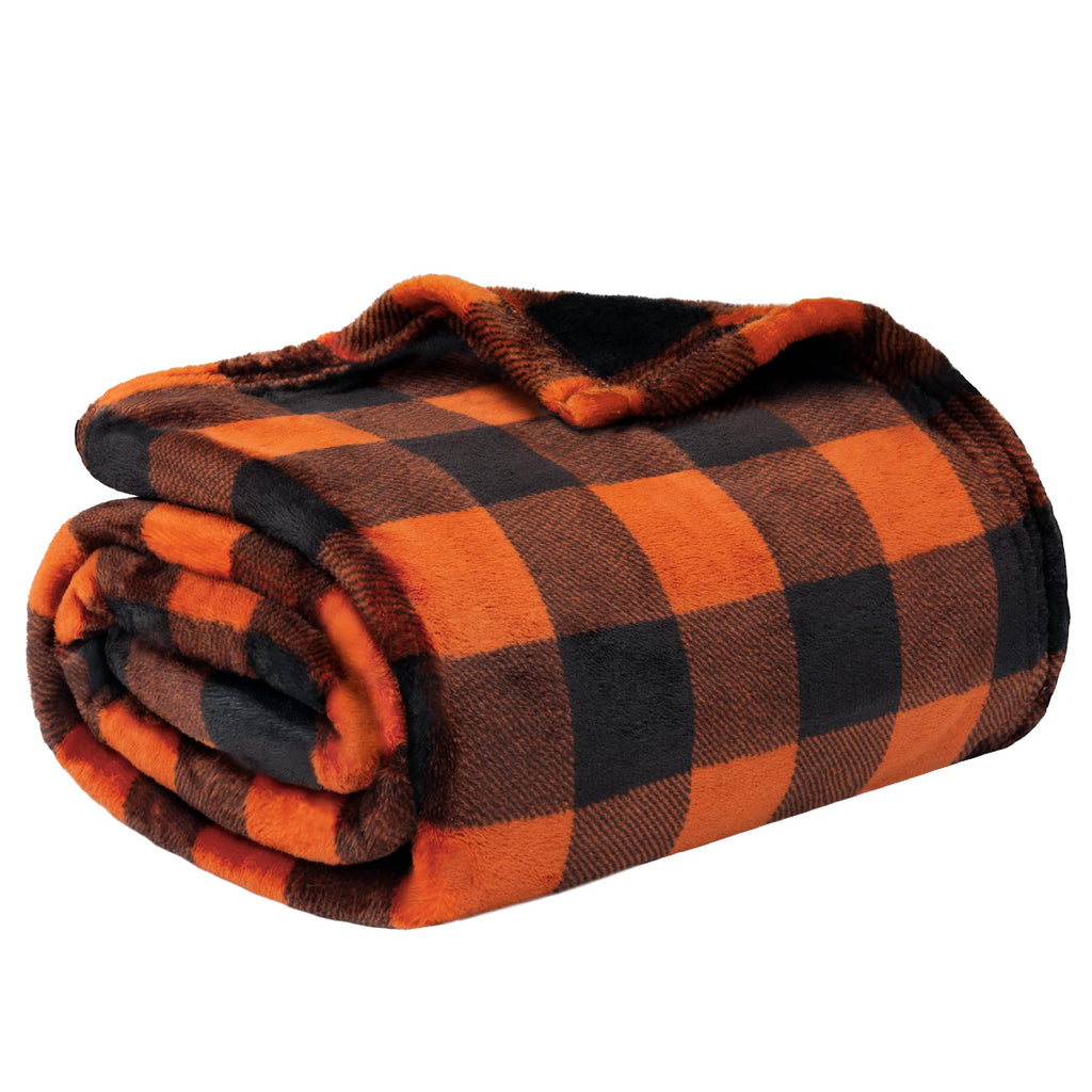 Pavilia Black And Orange Buffalo Plaid Fleece Throw Blanket For Couch, Soft Halloween Flannel Blanket For Sofa, Orange Checkered
