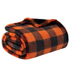 Pavilia Black And Orange Buffalo Plaid Fleece Throw Blanket For Couch, Soft Halloween Flannel Blanket For Sofa, Orange Checkered