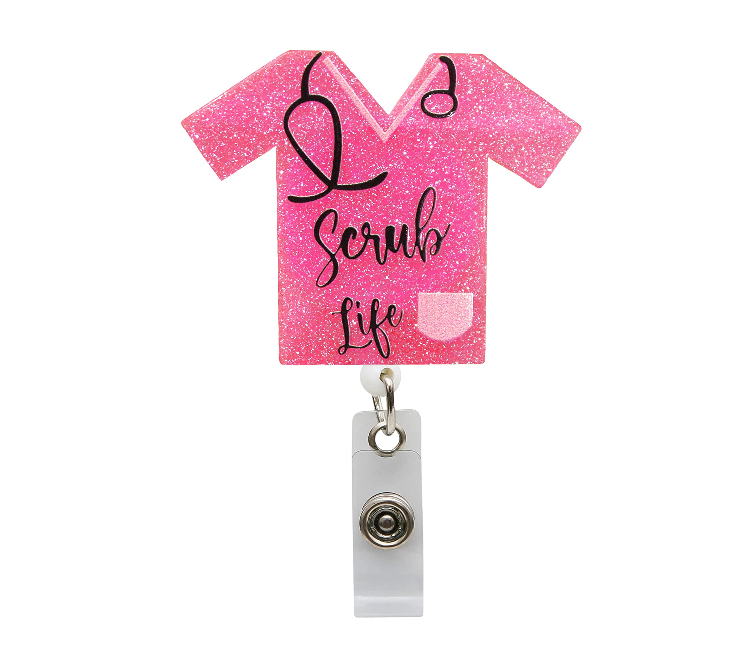 Pink Glitter Scrub Life Id Badge Reel - Rn Retractable Holder With Alligator Clip For Hospitals Doctors And Office Staff