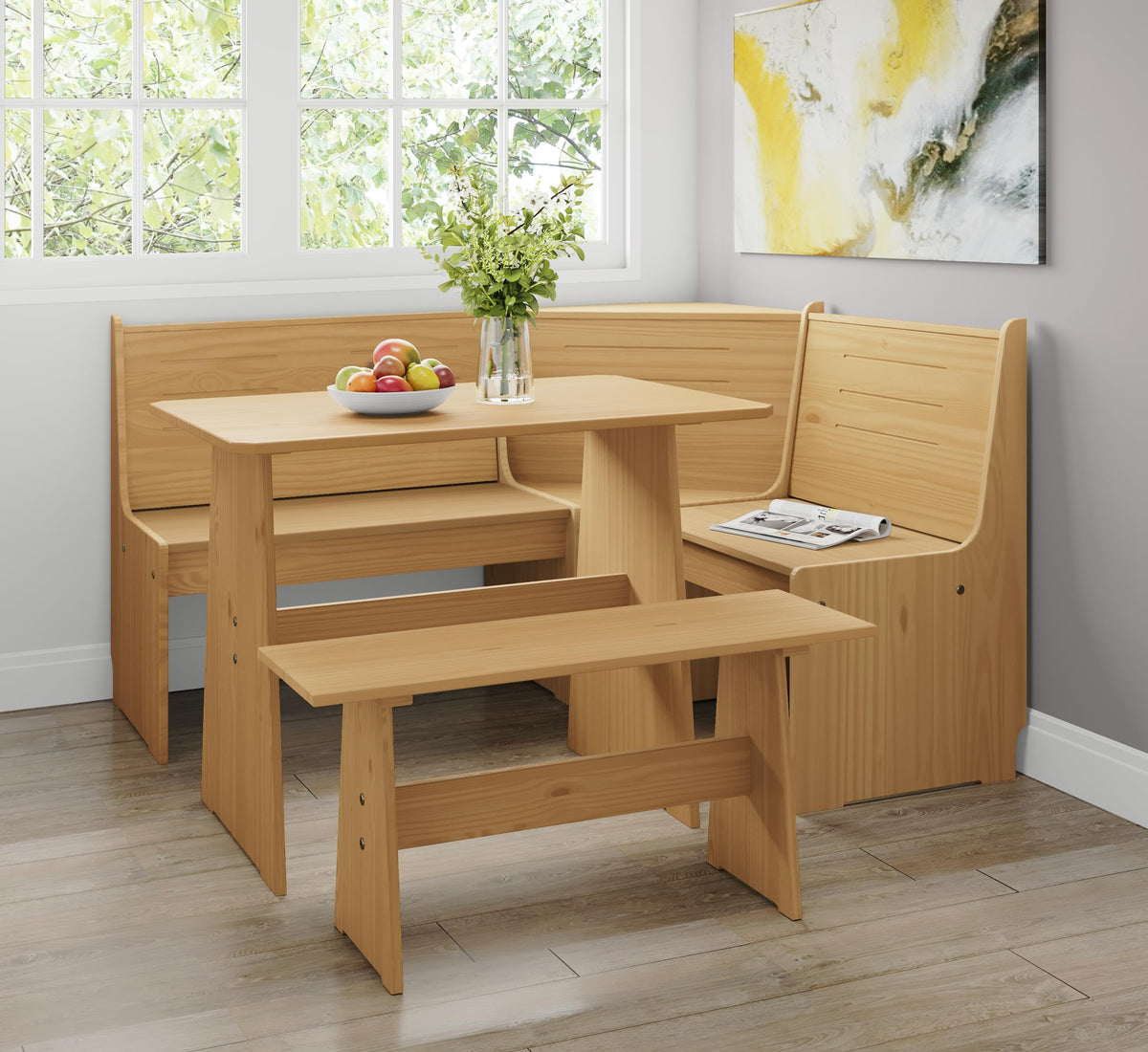 Koby Home Breakfast Nook Kitchen Corner Dining Table Bench Chair Set, Space-Saving 3-4 Seat L-Shape For Family Home Natural Wood