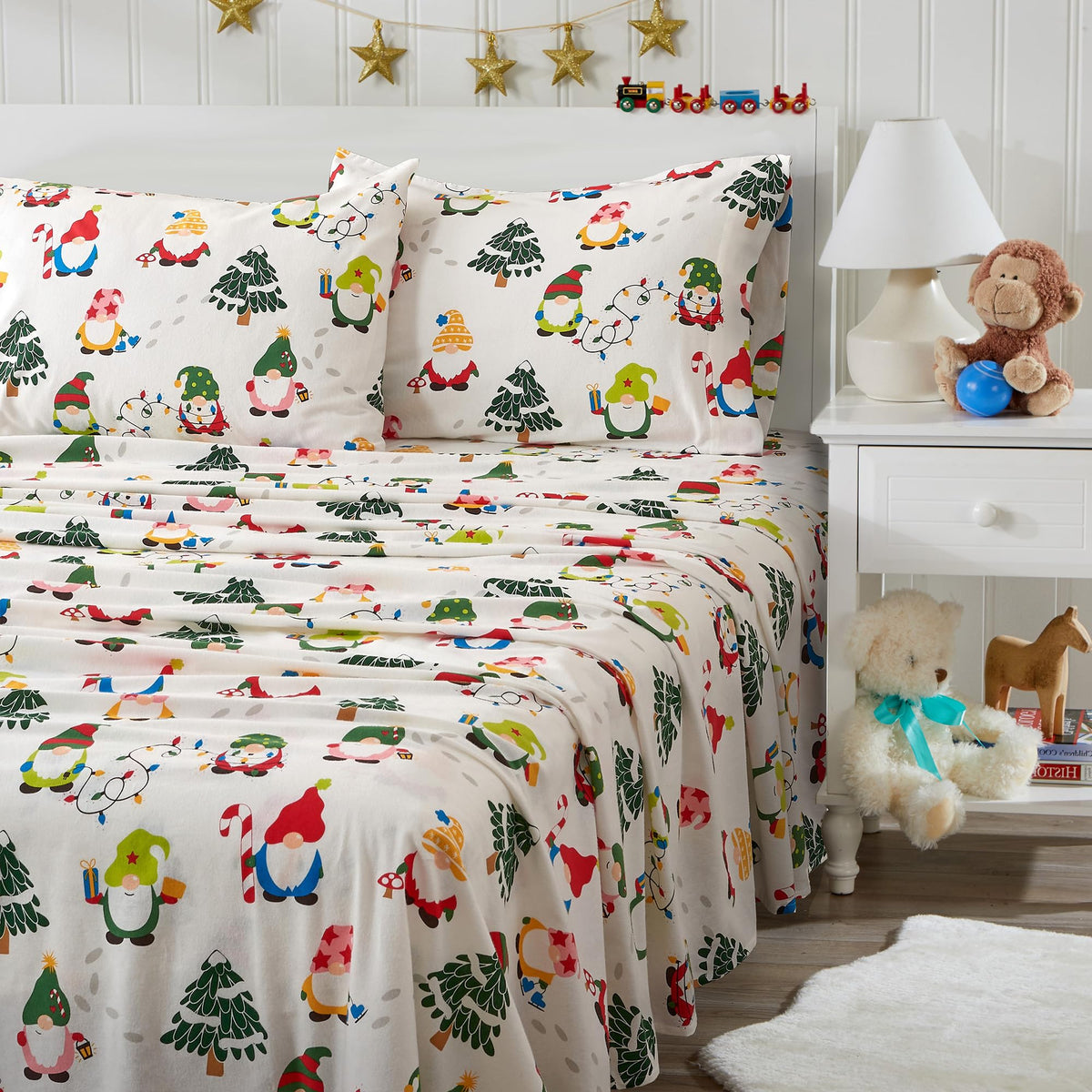 Great Bay Home 4 Piece 100% Turkish Cotton King Christmas Flannel Sheet Set | Kids Holiday Printed Bedding Sheets & Pillowcases