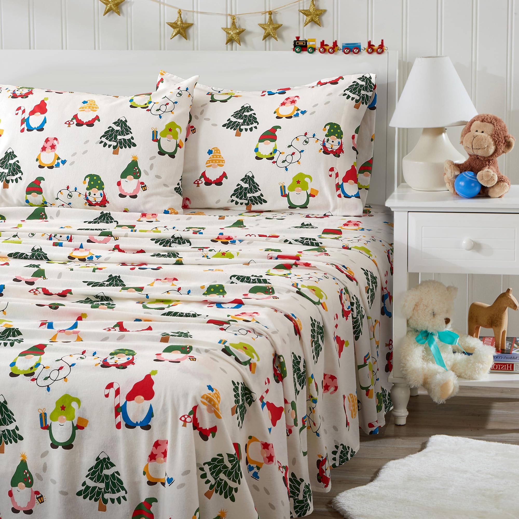 Great Bay Home 4 Piece 100% Turkish Cotton King Christmas Flannel Sheet Set | Kids Holiday Printed Bedding Sheets & Pillowcases