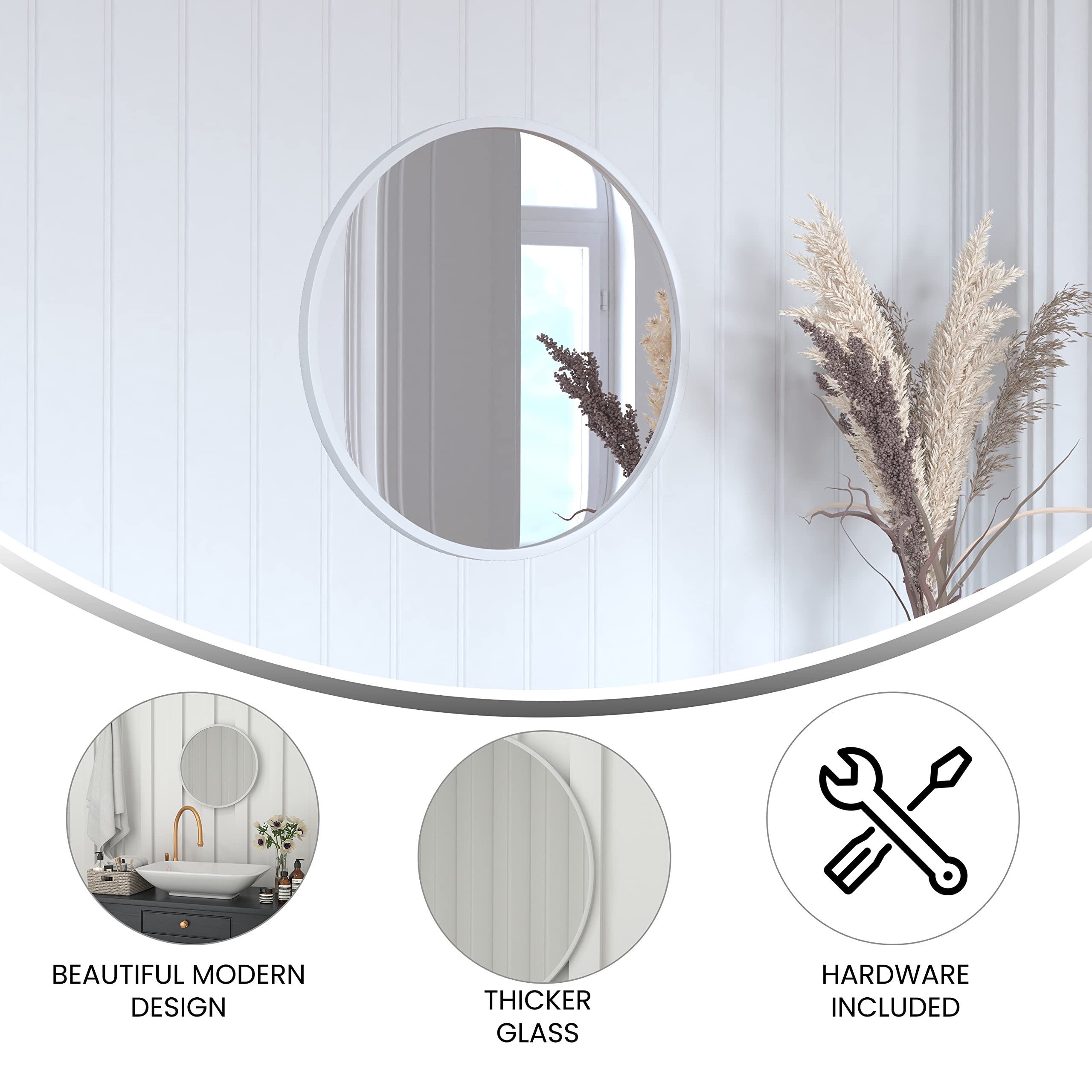 Flash Furniture Julianne Large Round Wall Mirror - Silver Circle Accent Mirror - 20&quot; Vanity Mirror - For Bathroom, Vanity, Entryway, Dining Room, & Living Room