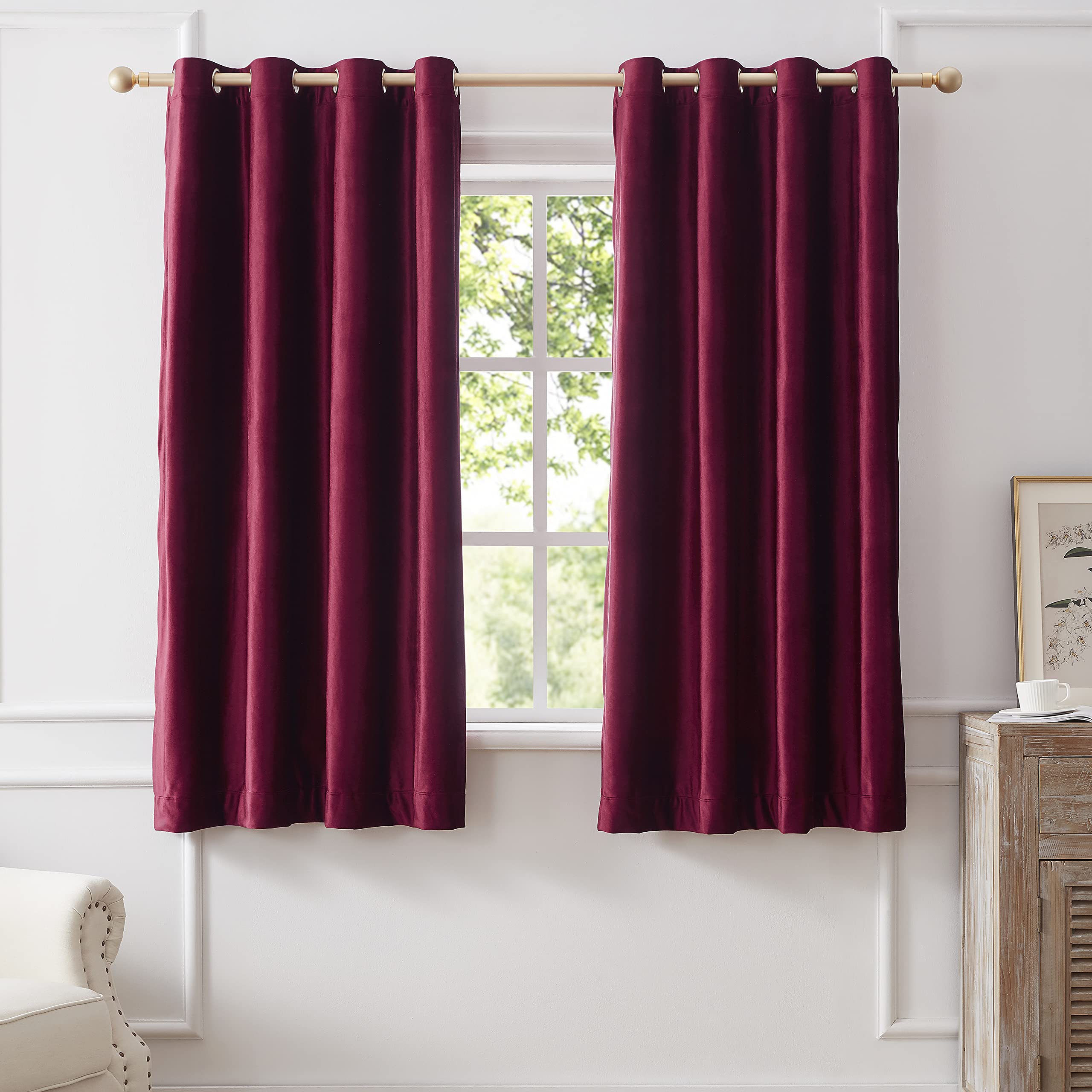 Bulbul Burgundy Curtains 63 Inch Length- Living Room Red Velvet Blackout Window Drapes Curtains Thermal Insulated Room Darkening