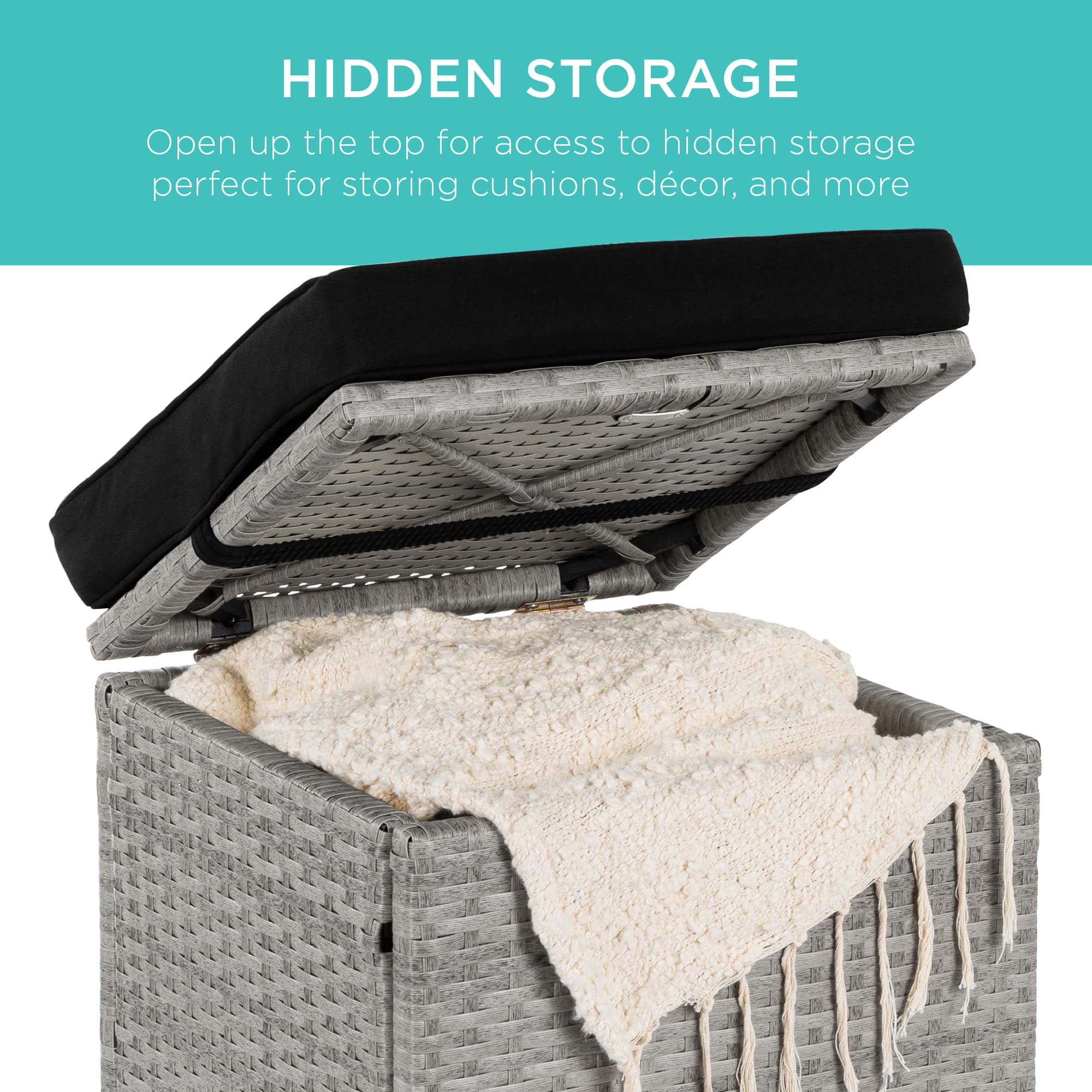 Best Choice Products Set Of 2 Wicker Ottomans, Multipurpose Outdoor Furniture For Patio, Backyard, Additional Seating, Footrest, Side Table W/Storage, Removable Cushions - Gray/Black