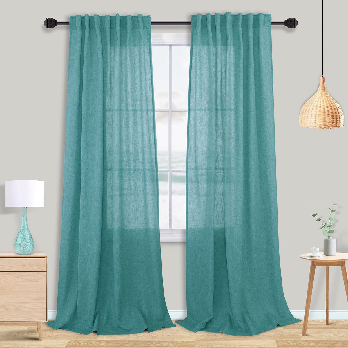 Teal Flax Linen Curtains 84 Inches Long For Bedroom Living Room,Back Tab/Rod Pocket Nursery Kids Room Summer Ocean Coastal Beach