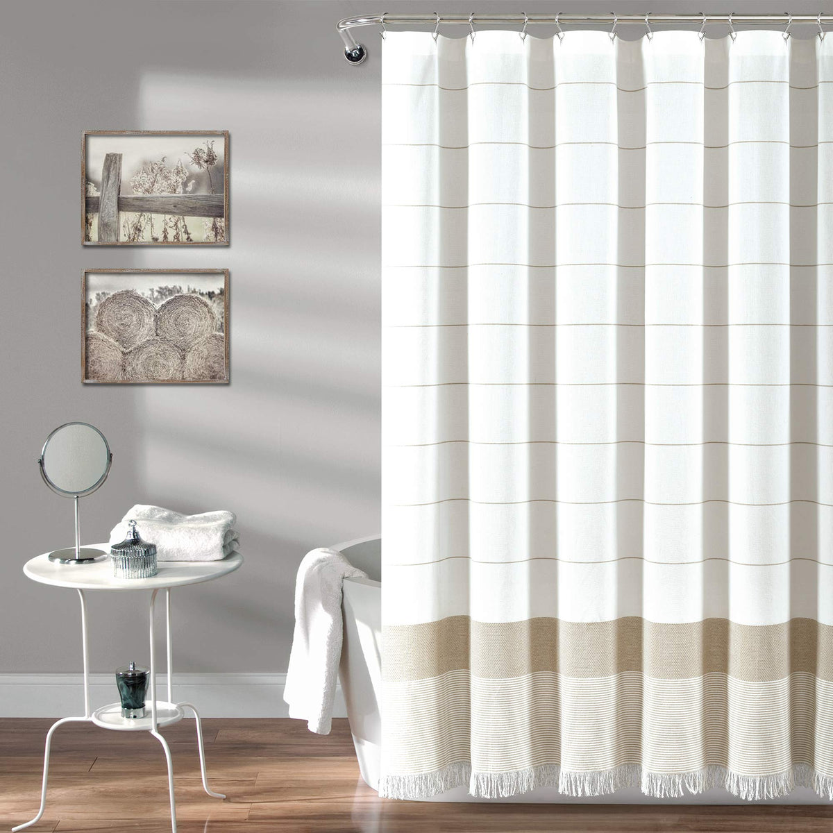 Lush Decor White Woven Cotton Shower Curtain With Taupe Stripe And Tassel Fringe, Bathroom Accessories (72' X 72')