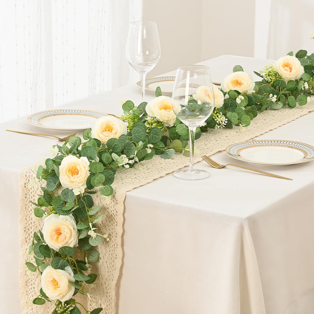 Dolicer 4Pcs 26Ft Artificial Eucalyptus Garlands With Flowers - 8 Camellias, Faux Floral Greenery Garlands Fake Flowers Vines Fo