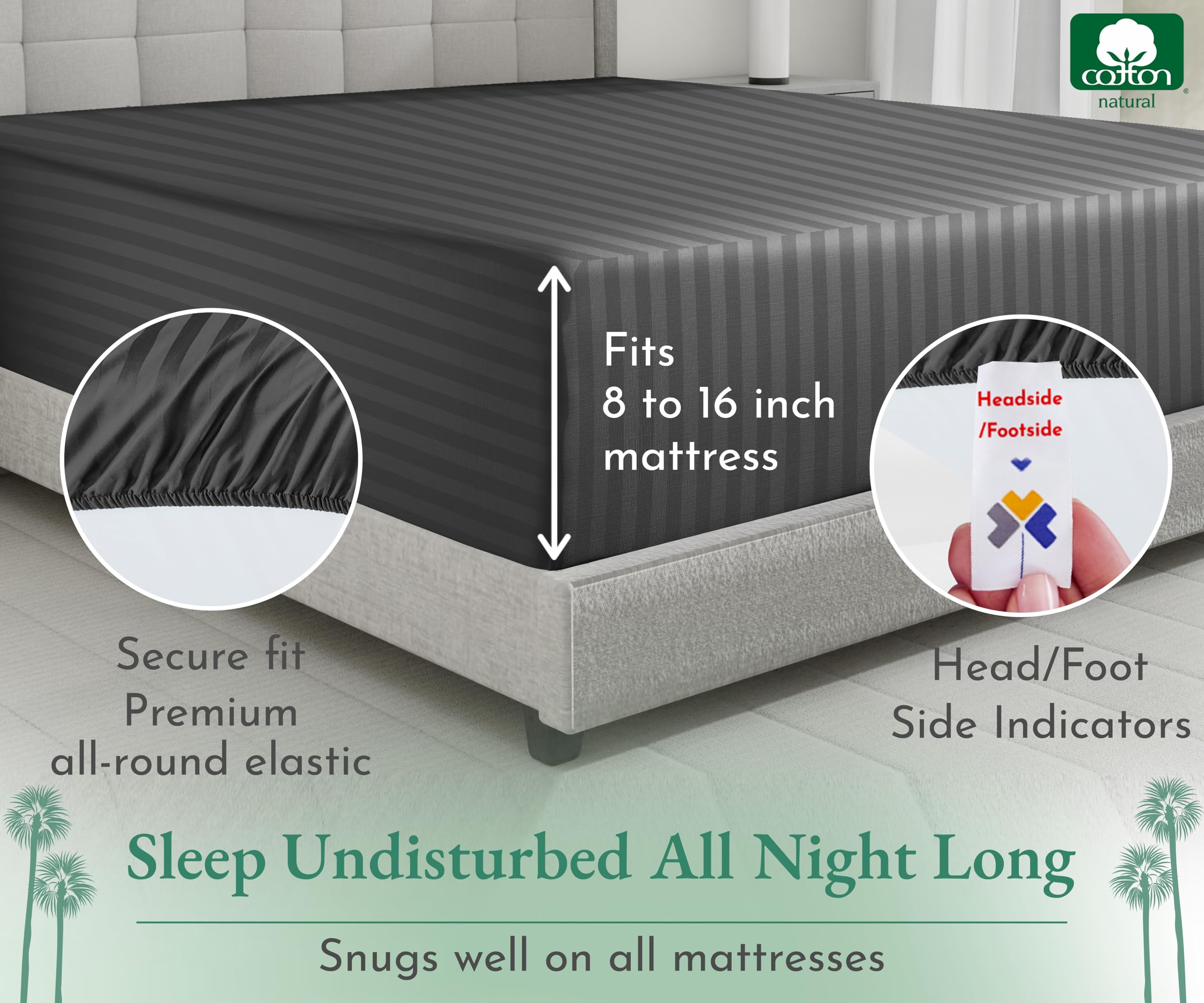 California Design Den Luxury Cotton Sateen Damask Stripe Queen Fitted Sheet Only - Soft 100% Cotton Sateen, Deep Pocket Bottom Fitted Sheet, Hotel Quality With A Foot Side Indicator - Grey