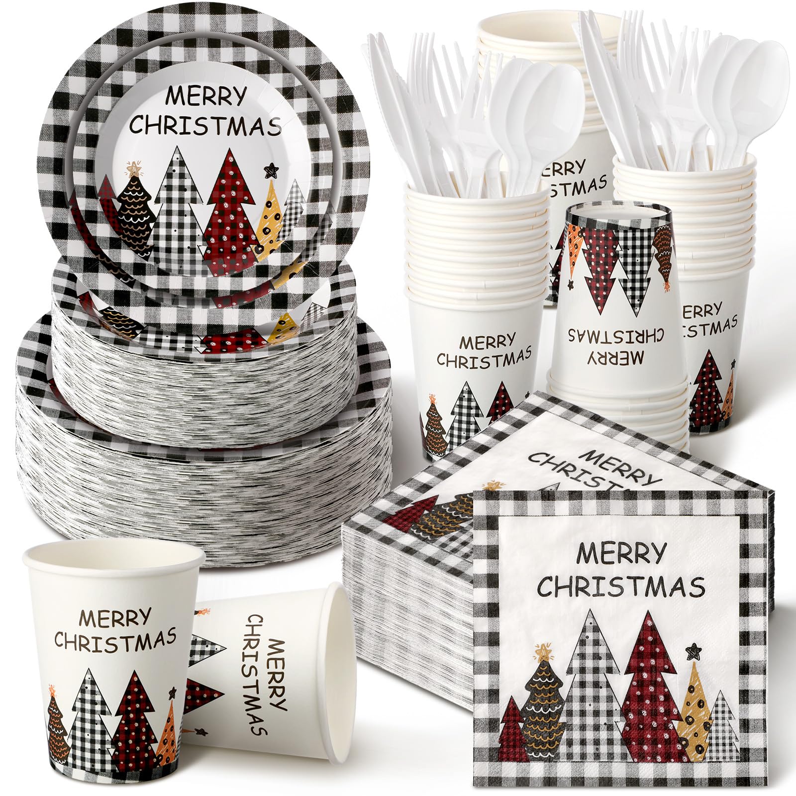 Dandat 400 Pcs Christmas Disposable Plates and Napkins Christmas Disposable Dinnerware Party Supplies Set for 50 Guests Christma