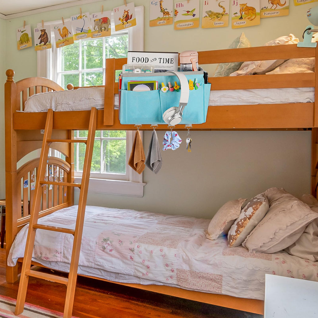 Frjjthchy Bedside Storage Organizer 5 Pockets With 4 Hooks Hanging Storage Bag For Headboards/Bunk Bed (Blue)