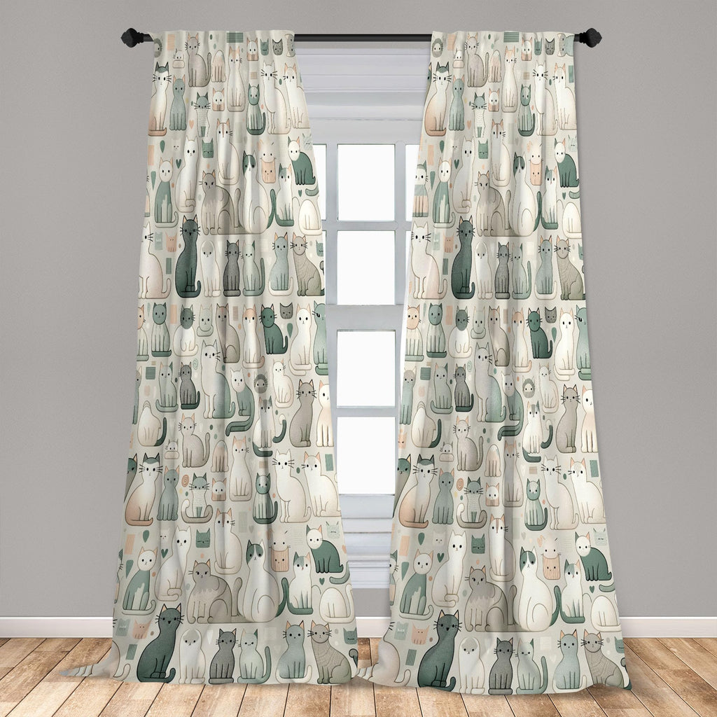 Ambesonne Cats Window Curtains Pack Of 2, Cartoon Illustration Of Delicate Kitten World With Muted Colors Modern, Lightweight Se