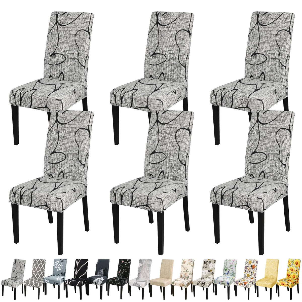 Jqinhome Pattern Chair Covers For Dining Room Set Of 6, High Stretch Removable Washable Parsons Chair Slipcover For Home Party Hotel Wedding Ceremony (6Pcs, Lotus Gray)