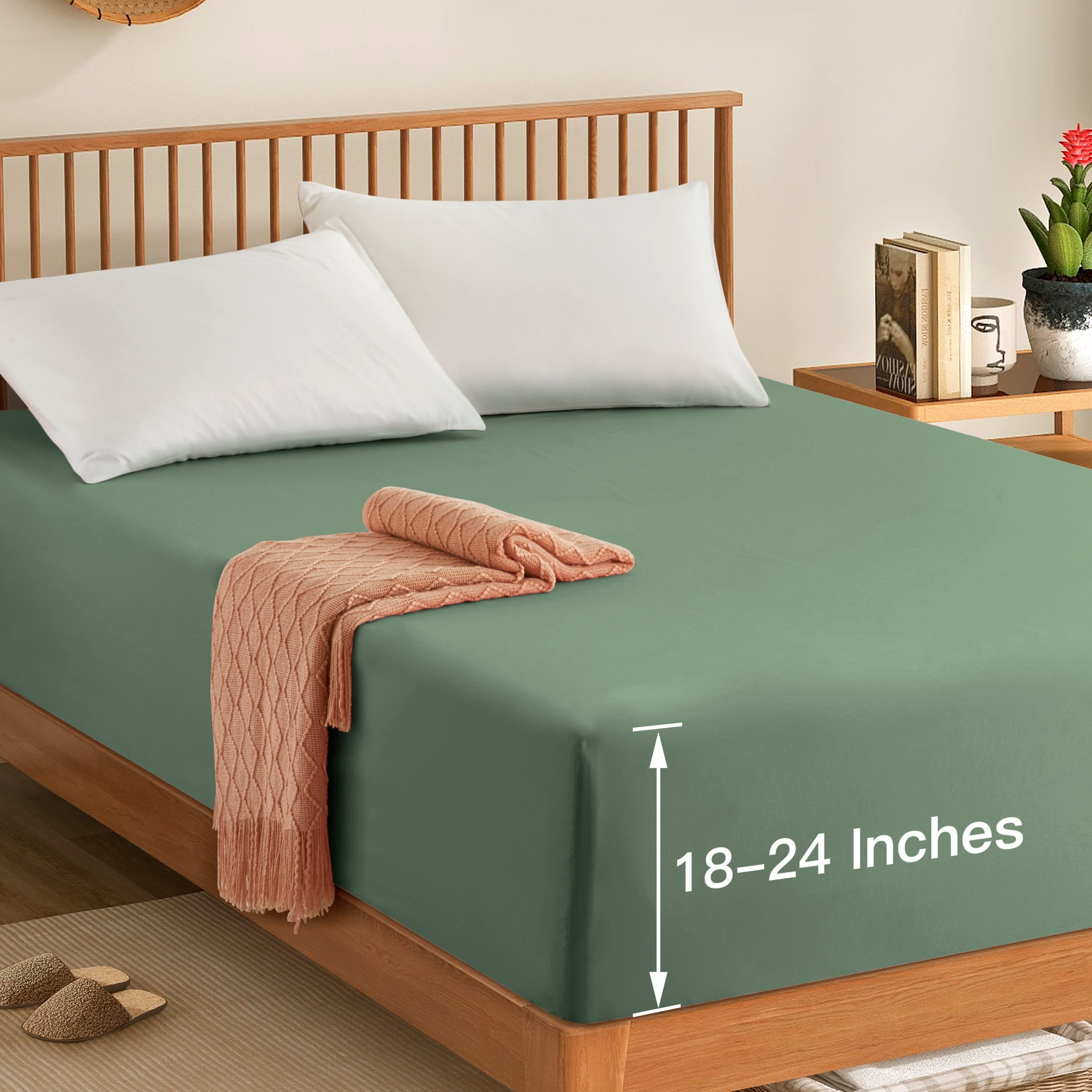 Manyshofu Queen Extra Deep Pocket Fitted Sheet Only - 1800 Thread Count Hotel Deep Fitted Sheet Up To 24 Inches Mattress, Sage G