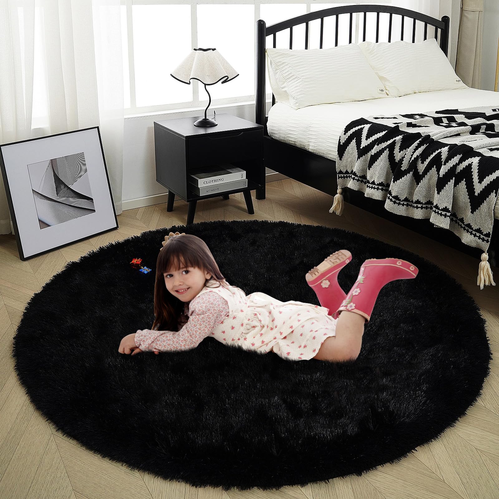 Black Fluffy Round Rug,Soft Area Rugs for Girls Room, Shaggy Rugs 4X4 for Living Room,Non Slip Circle Rug for Kids Bedroom,Sha