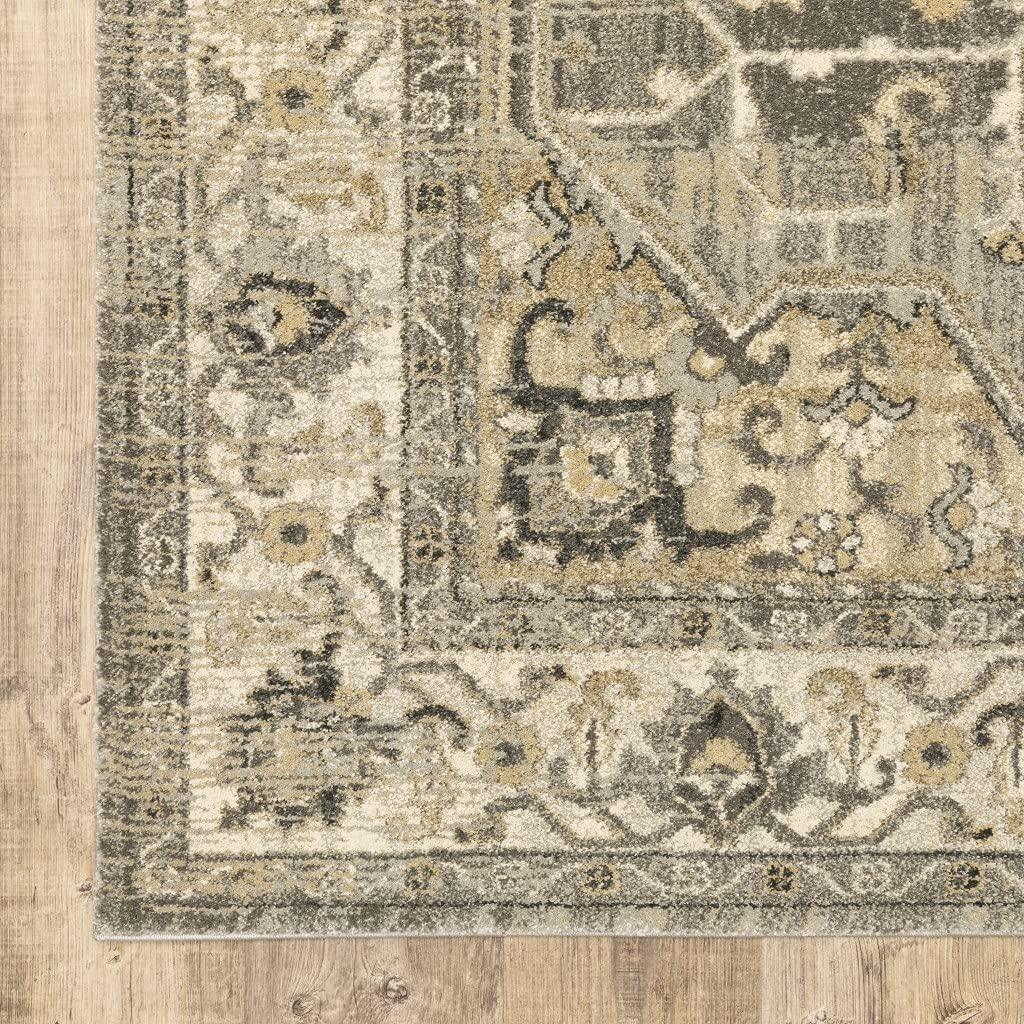 HomeRoots Polypropylene 10’ x 13’ Beige and Gray Traditional Medallion Indoor Area Rug