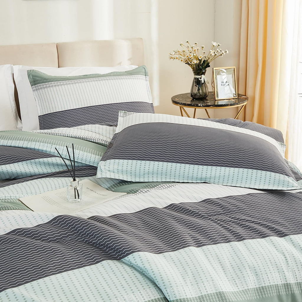 Litanika Oversized King Comforter Set Sage Green 120X120-3 Pieces Lightweight Green White Colorblock Stripe Fluffy Bedding Comfo