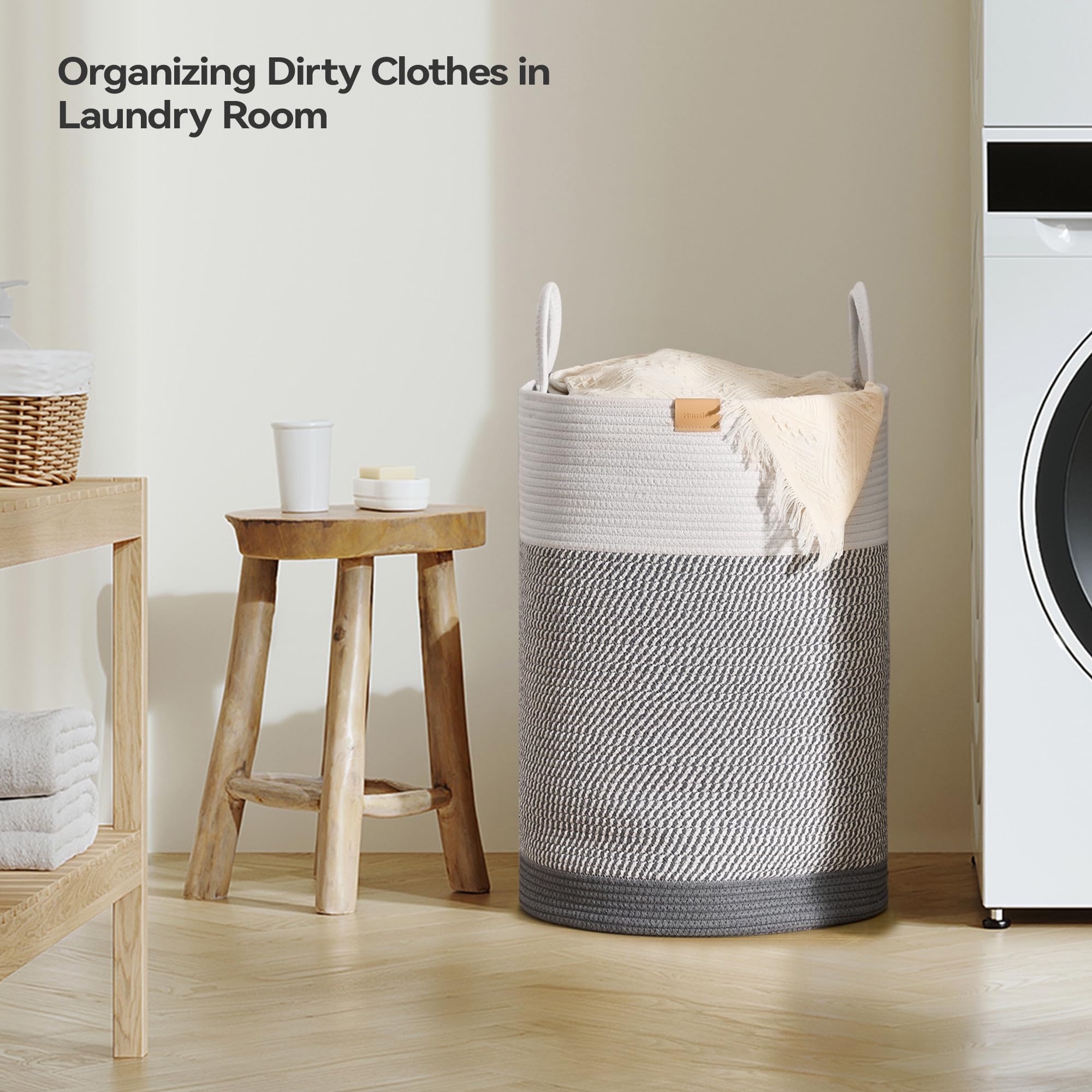 Nunsino 75L Laundry Hamper Basket,Baby Nursery Woven Storage Basket For Toys Bin,Pillows,Blankets,Clothes,Grey&White