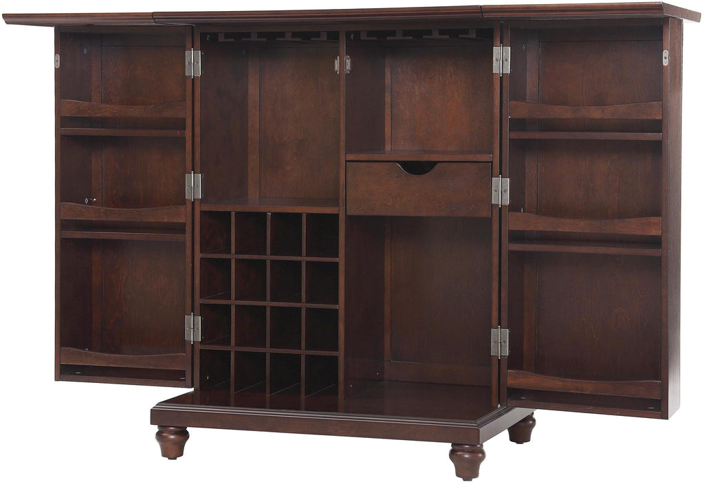 Crosley Furniture Cambridge Expandable Bar Cabinet with Storage Shelves, Drawer, and Wine Rack, Vintage Mahogany