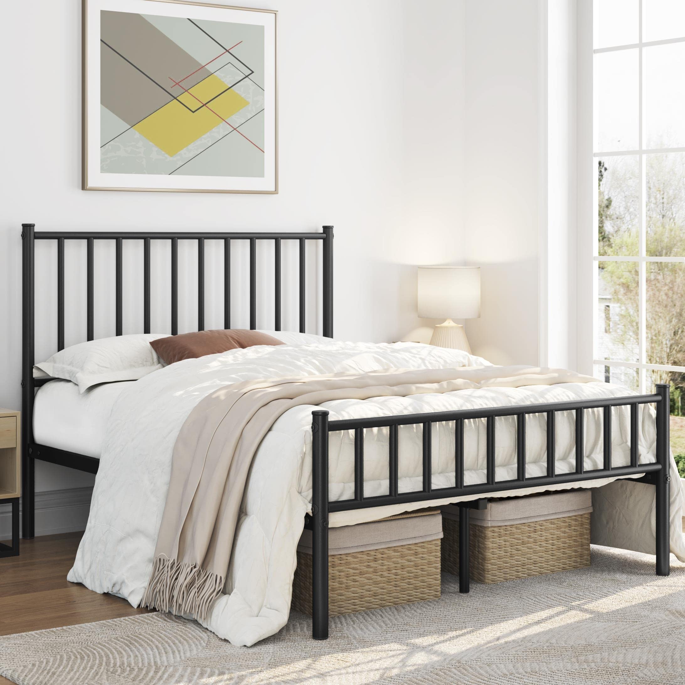 Yaheetech 14 Inch Full Size Bed Frame Metal Platform Bed With Spindle Headboard Footboard/Mattress Foundation/No Box Spring Needed/Underbed Storage Space/Steel Slat Support/Easy Set Up, Black