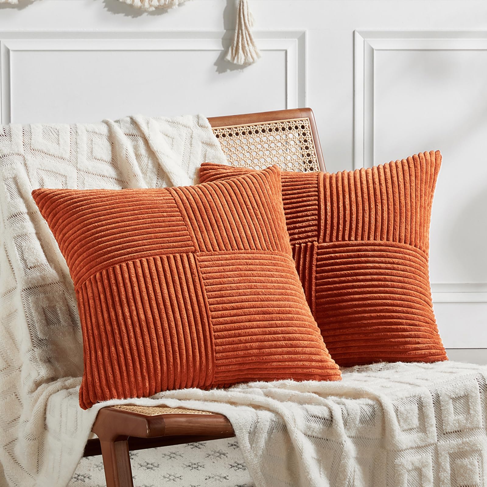 Fancy Homi Set Of 2 Burnt Orange Decorative Throw Pillow Covers 24X24 Inch For Living Room Couch Bed, Boho Farmhouse Fall Home D