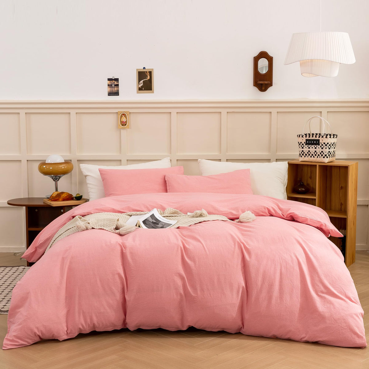 Ecocott Pink Duvet Cover Queen Size - Linen Feel Textured Organic Natural 100% Washed Cotton, Soft Breathable 3 Pieces Bedding S