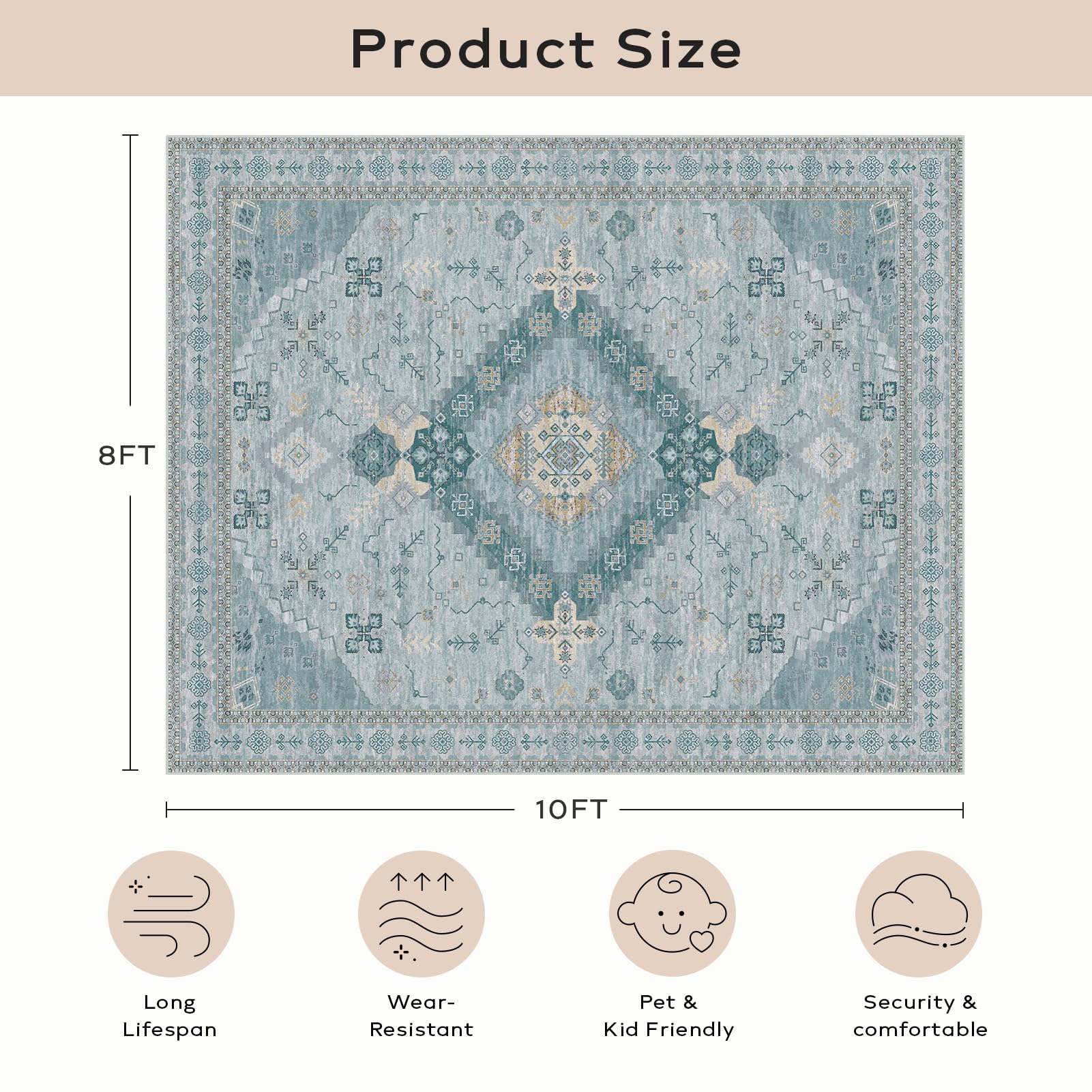 Ashler Boho Rug, 8X10 Area Rugs, Vintage Rugs, Large Area Rug, Rugs For Living Room, Bedroom, Kitchen, Dinner, Light Cyan/Blue H