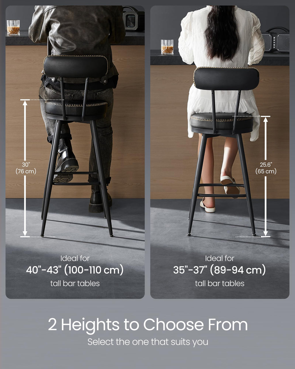 Vasagle Ekho Collection - Bar Stools Set Of 2, Counter Height Swivel Bar Stools With Back, Synthetic Leather With Stitching, Mid-Century Modern, 25.6-Inch Tall Barstools For Kitchen Bar, Ink Black