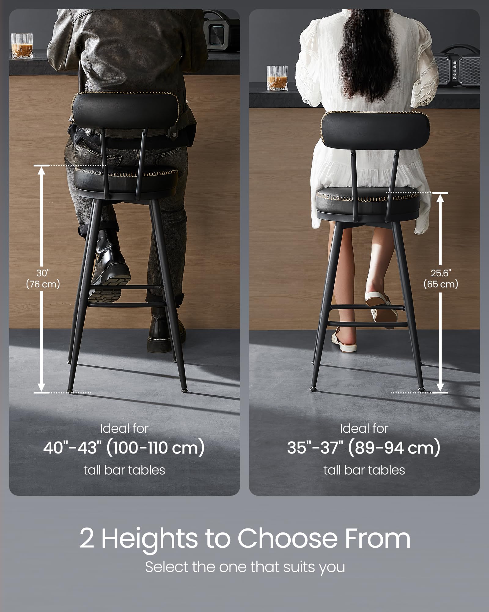 Vasagle Ekho Collection - Bar Stools Set Of 2, Counter Height Swivel Bar Stools With Back, Synthetic Leather With Stitching, Mid-Century Modern, 25.6-Inch Tall Barstools For Kitchen Bar, Ink Black