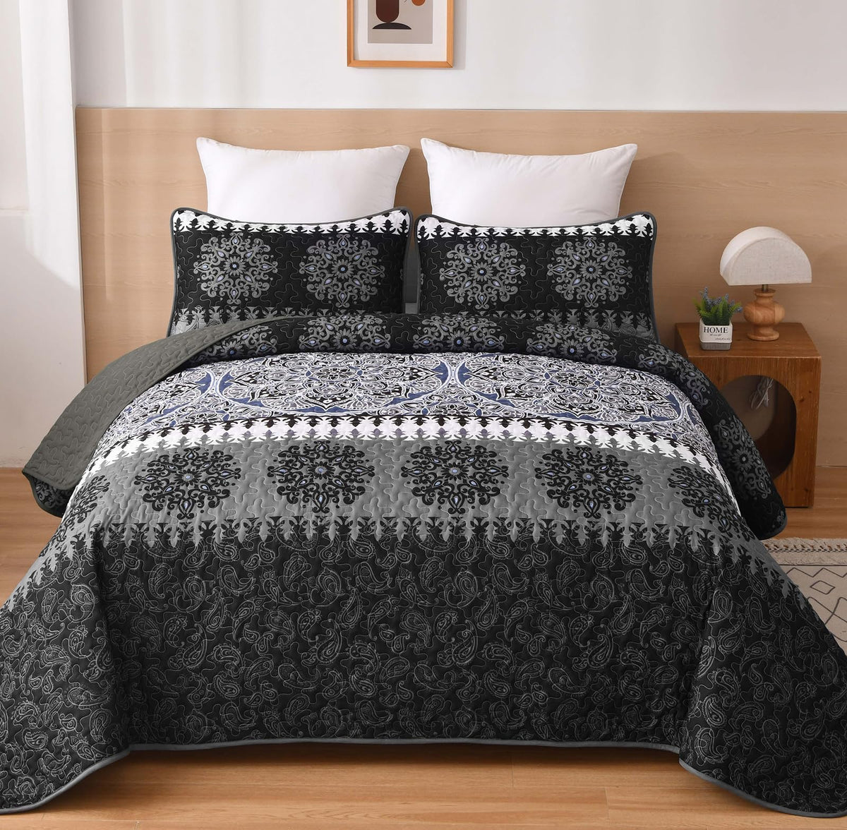 Xruibed Grey Quilt Set King Bohemian Striped Quilt Coverlet Set 3 Pieces Boho Patchwork Bedspread With 2 Pillow Shams Elegant So