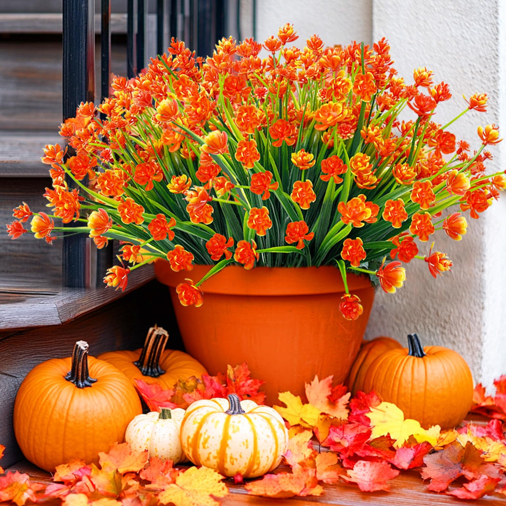 TURNMEON 12 Bundles Artificial Fall Flowers for Outdoors UV Resistant Fake Fall Plants, Faux Plastic Fake Mums Fall Flowers Arti