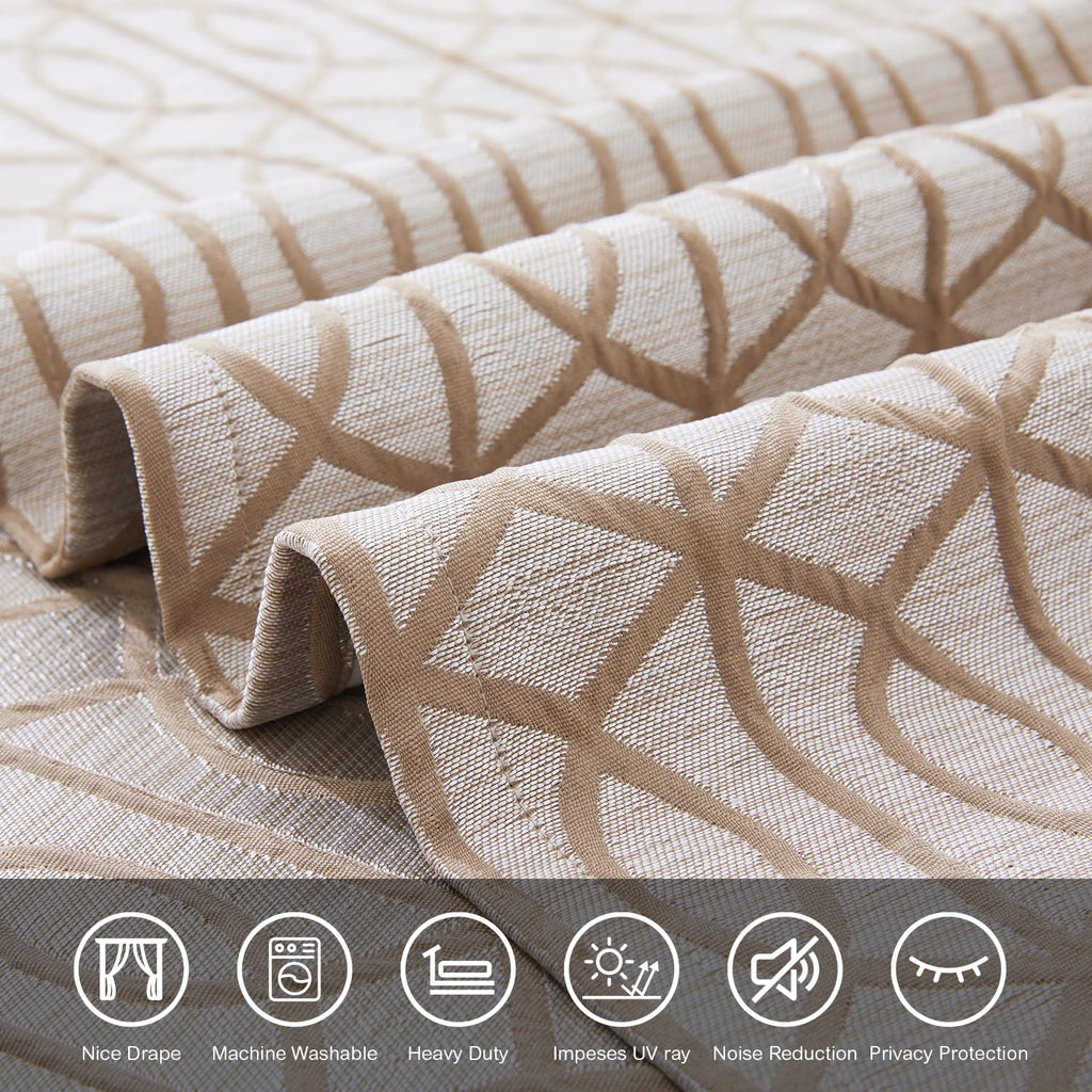 Light Khaki And Silvery 100% Blackout Curtains 84 Inch Length 2 Panels, Jacquard Thermal Insulated Noise Reducing Grommet Drapes