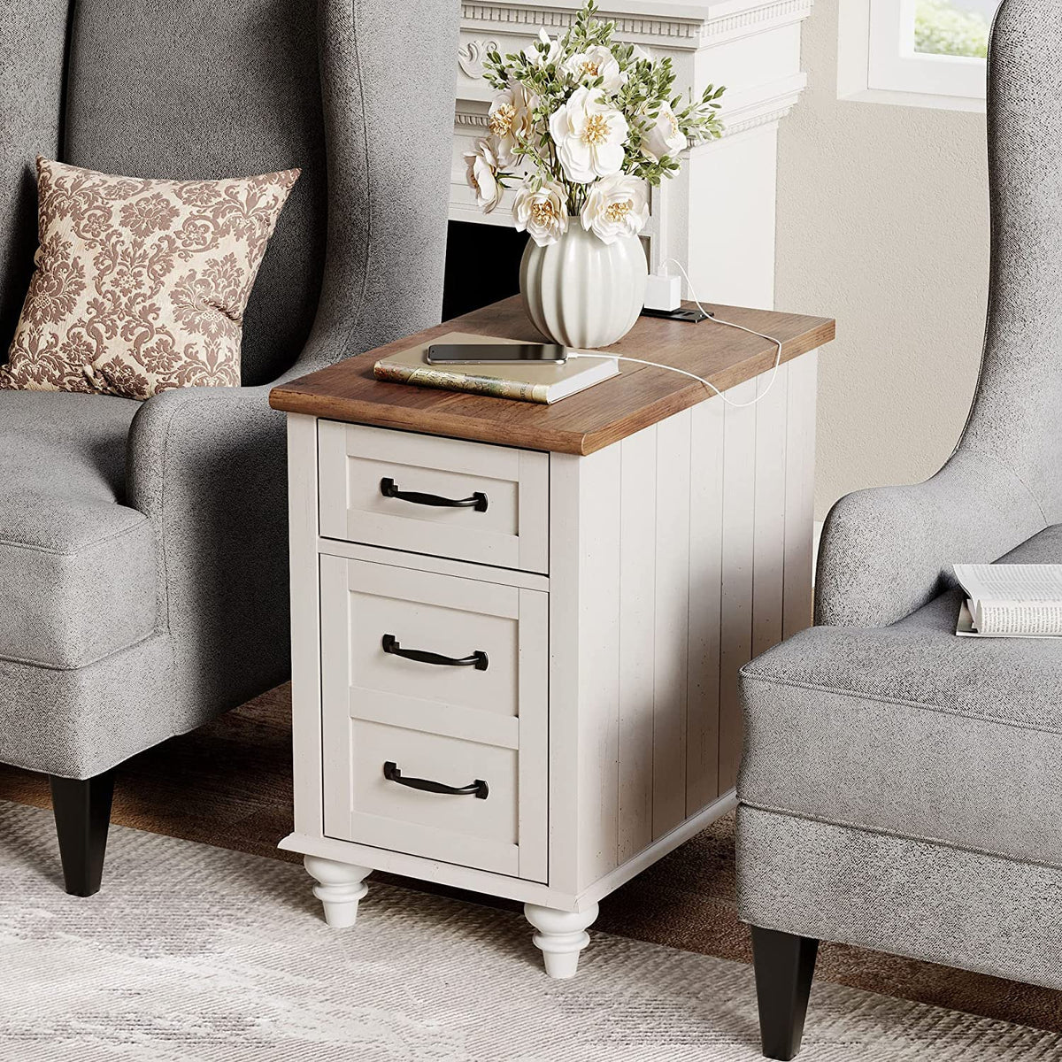 Wampat End Table With Charging Station, White Side Table With Storage Cabinet And Drawer, Wood Nightstand With Power Outlets & Usb Ports For Bedroom, Living Room