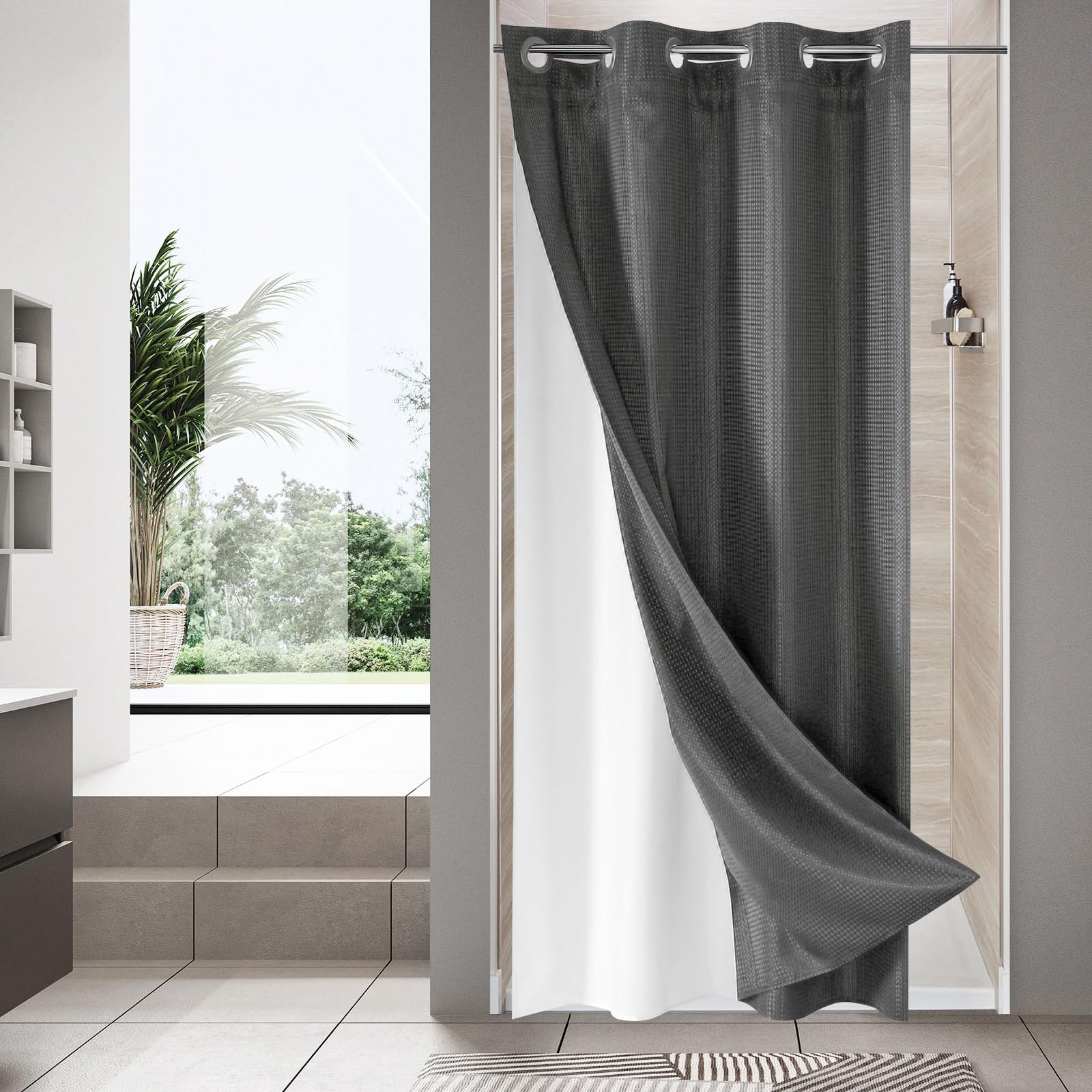 MitoVilla Grey Waffle Small Stall Shower Curtain 36 x 74, No Hooks Required Half Size Narrow Fabric Cloth Shower Curtain Set wit