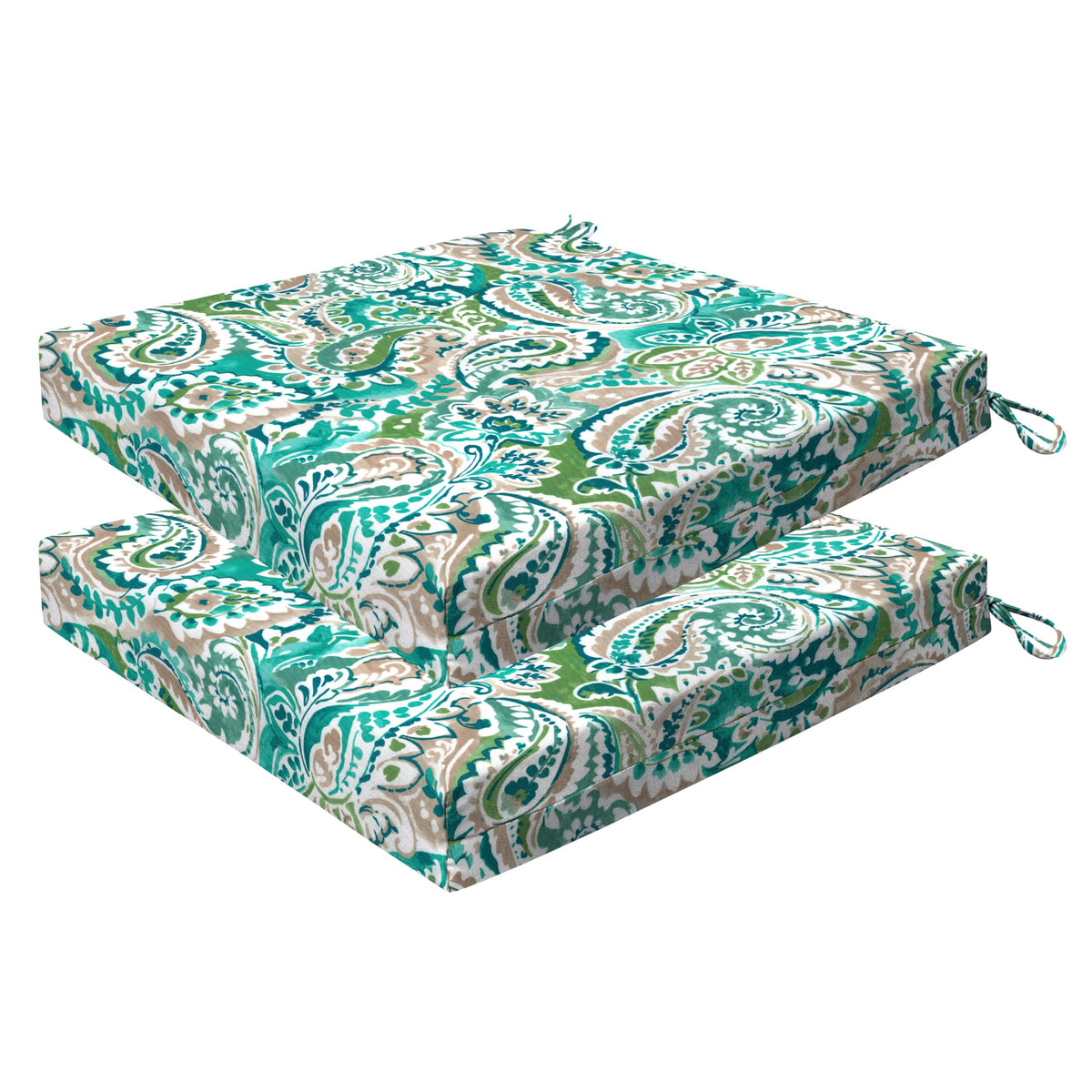 Honeycomb Essentials Outdoor Square Seat Cushions, 19' X 19', Geneva Paisley Turquoise Patio Chair Cushion 2-Pack