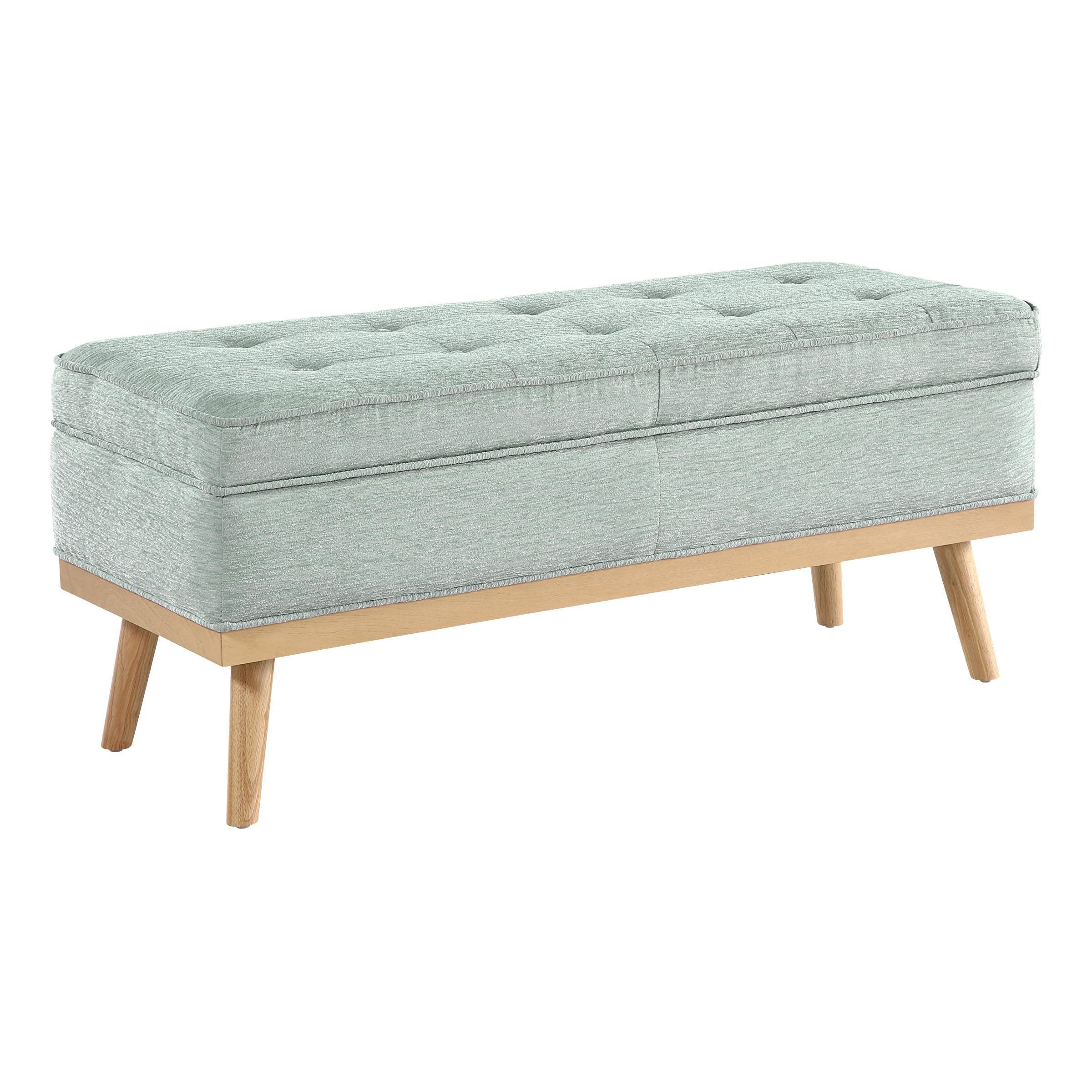 OSP Home Furnishings Katheryn Mid-Century Modern Storage Bench with Tufted Seat and Wood Legs, Mist Fabric