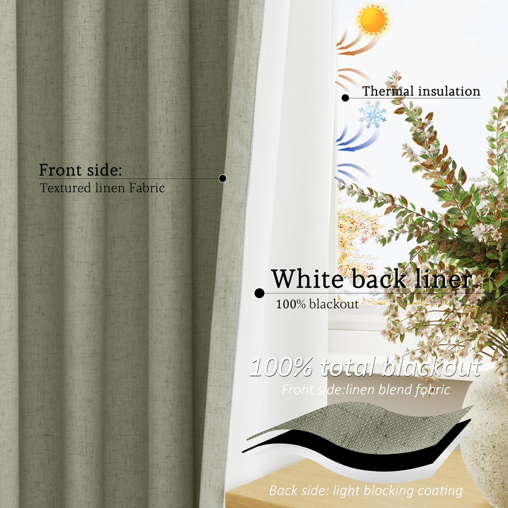 Jowels Sage Green Linen Blackout Curtains 84 Length 2 Panels Set For Living Room Bedroom, 100% Black Out Thermal Insulated Linen
