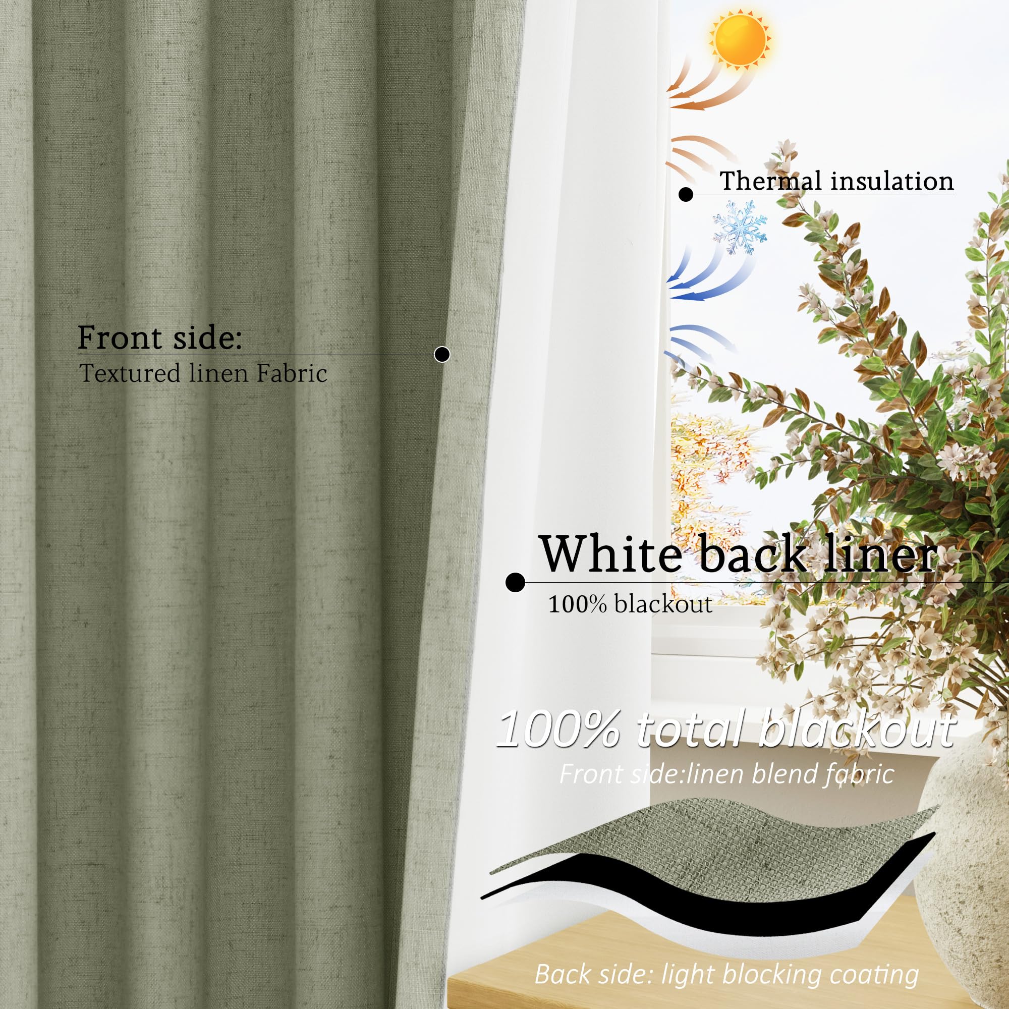 Jowels Sage Green Linen Blackout Curtains 84 Length 2 Panels Set For Living Room Bedroom, 100% Black Out Thermal Insulated Linen