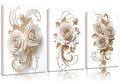 3pcs Abstract White Gold Rose Canvas Wall Art Elegant Blossom Rose Floral Wall Decor Pictures Golden Leaves Posters Prints for L