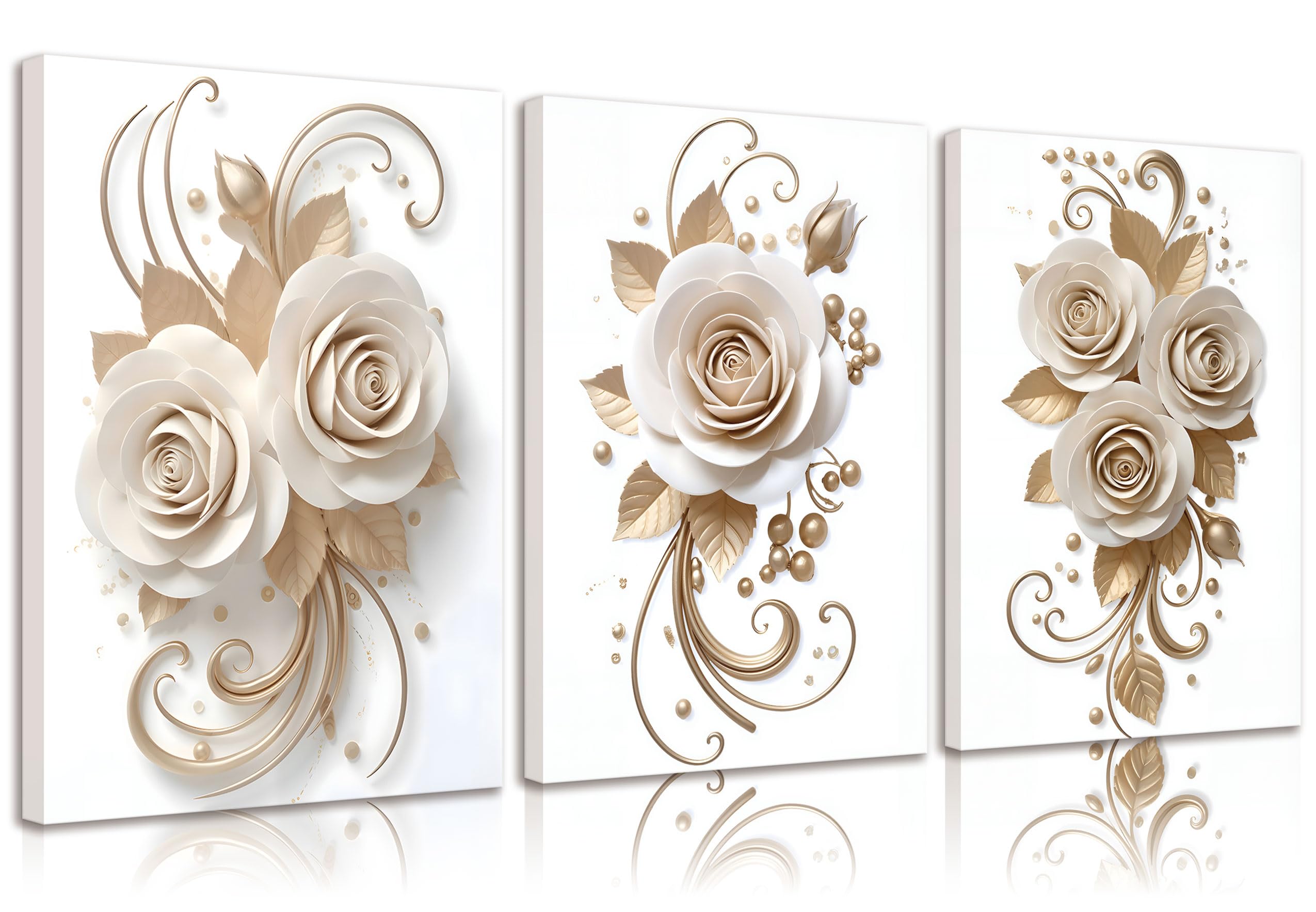 3pcs Abstract White Gold Rose Canvas Wall Art Elegant Blossom Rose Floral Wall Decor Pictures Golden Leaves Posters Prints for L