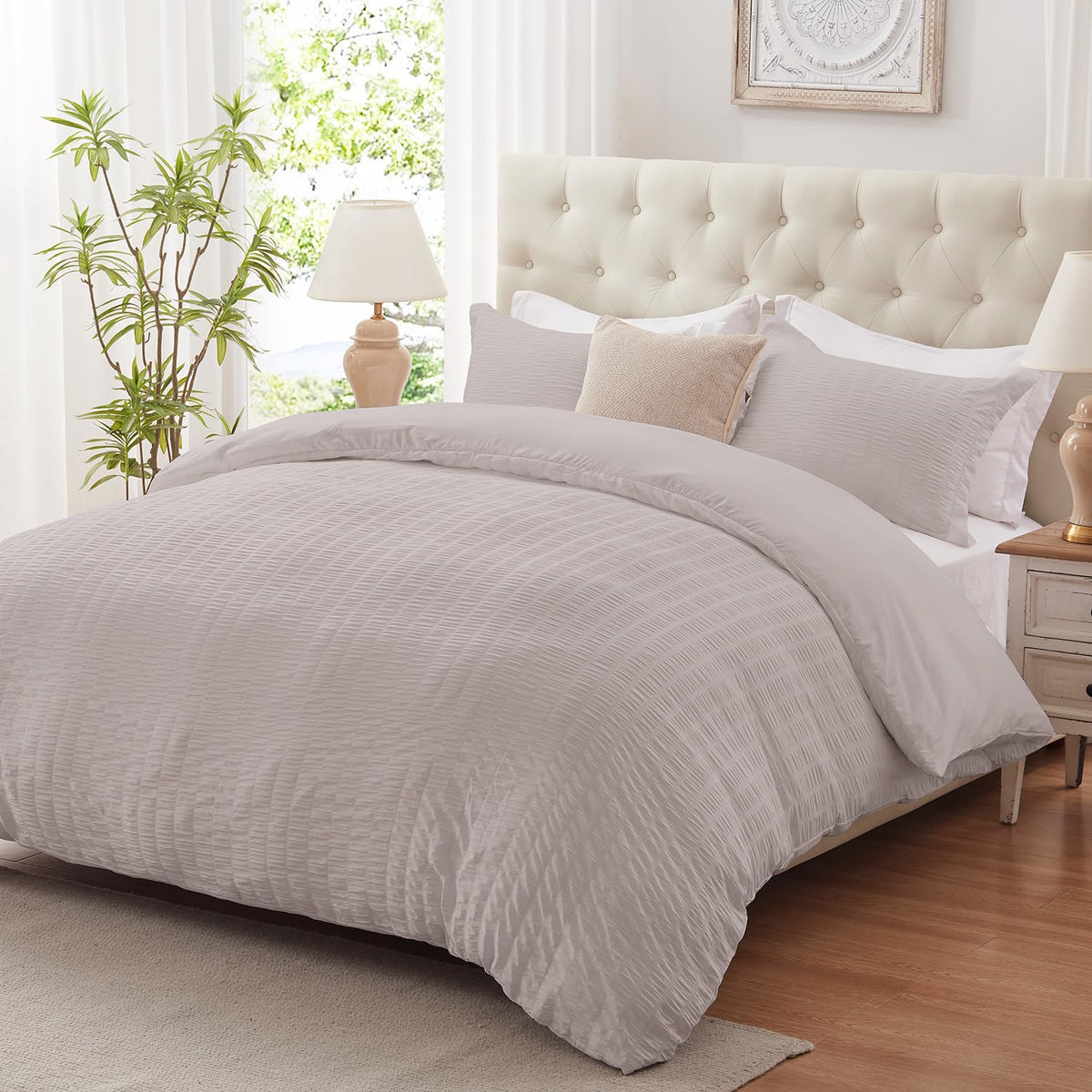 Cozyide Light Grey Duvet Cover Full Size, 3 Pieces Bedding Duvet Covers, Breathable Seersucker Duvet Cover Set With Zipper Closu