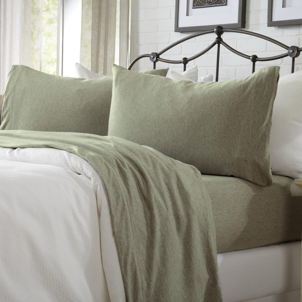 Great Bay Home Cotton Jersey Knit Twin Xl Sheet Set - Ultra-Soft, Stretchy, Heathered Melange Eucalyptus Bed Sheets - Cozy, Soft